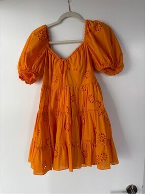 Zara Bright Orange Eyelet Tiered Dress with Puff Sleeves